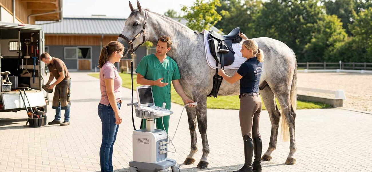 Ein weißes Pferd steht gesattelt und gehalftert umgeben von einem Tierarzt, einer Sattlerin und einem Hufschmied