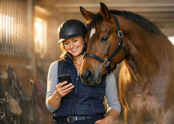 Reitlehrerin schaut mit ihrem Pferd auf ein Smartphone