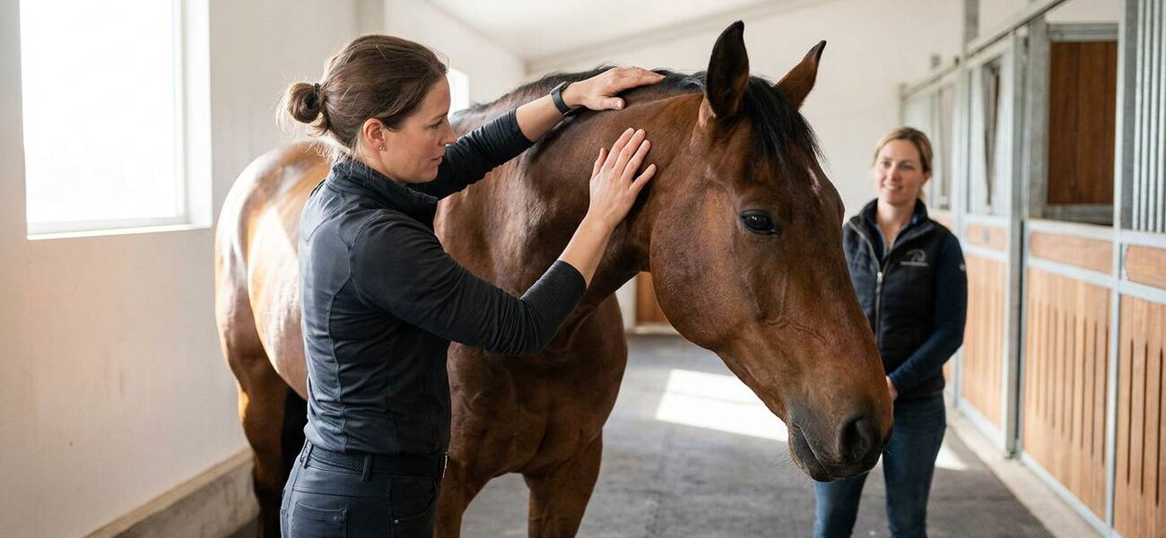 Eine Pferdetherapeutin berührt den Hals eines braunen Pferdes im Rahmen einer Behandlung