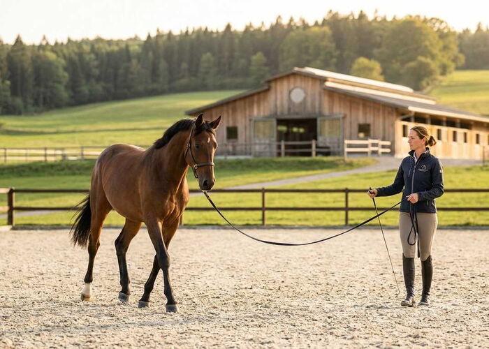 Eine Frau longiert ein braunes Pferd am Halfter auf einem gut gepflegten Reitplatz