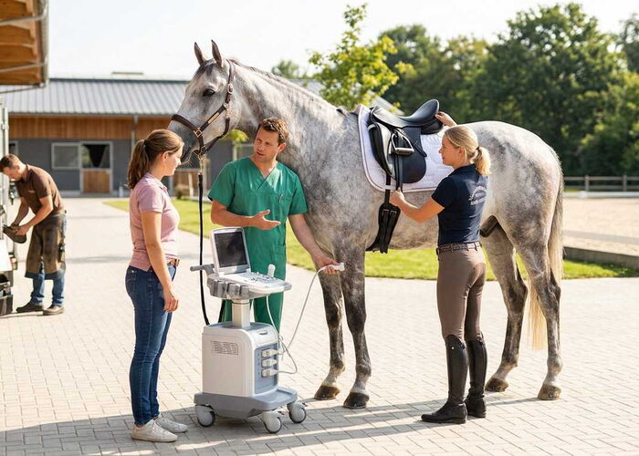 Ein weißes Pferd steht gesattelt und gehalftert umgeben von einem Tierarzt, einer Sattlerin und einem Hufschmied