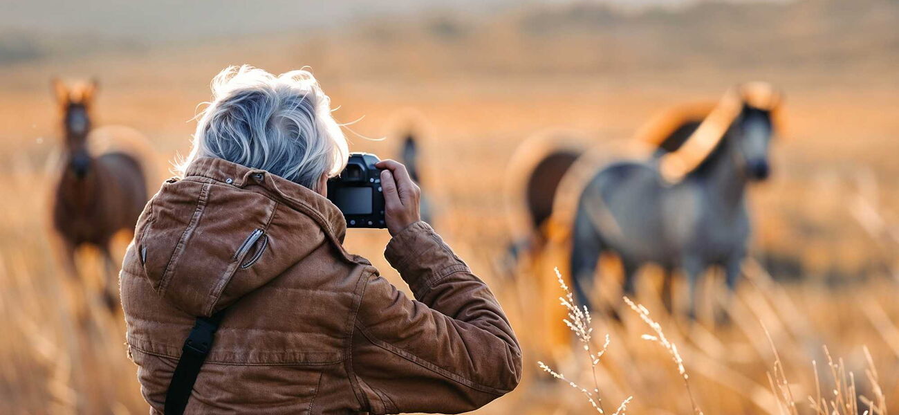Eine Pferdefotografin, die Wildpferde in der Steppe fotografiert