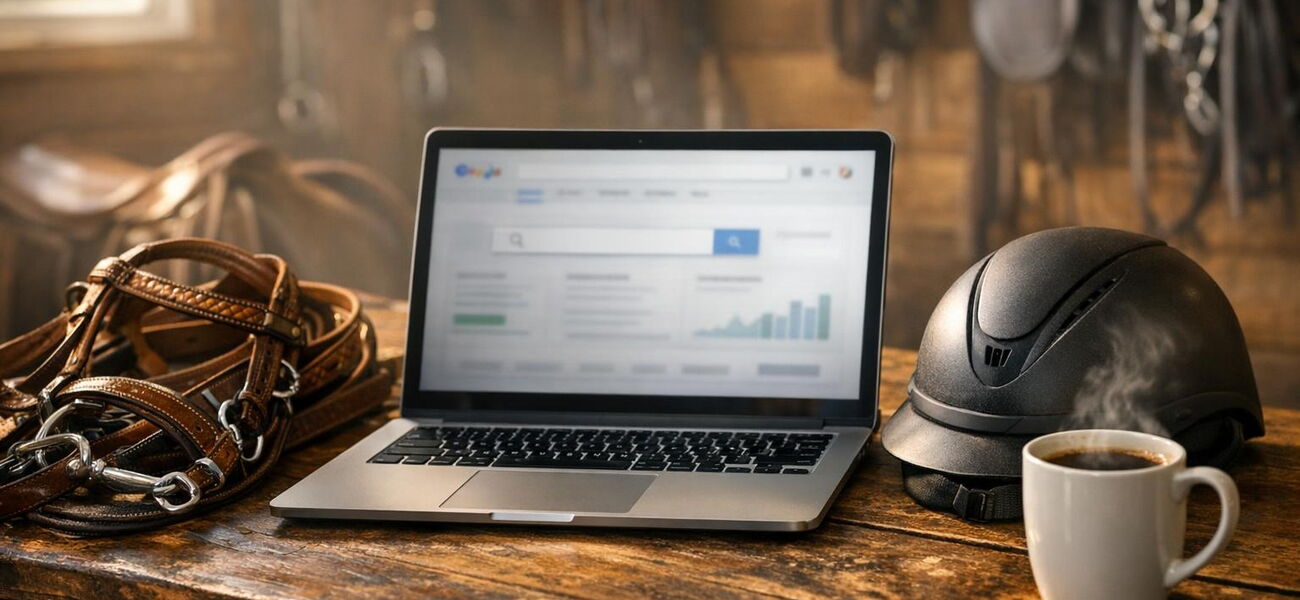 Laptop für Online-Marketing steht neben Zaumzeug in einer Sattelkammer