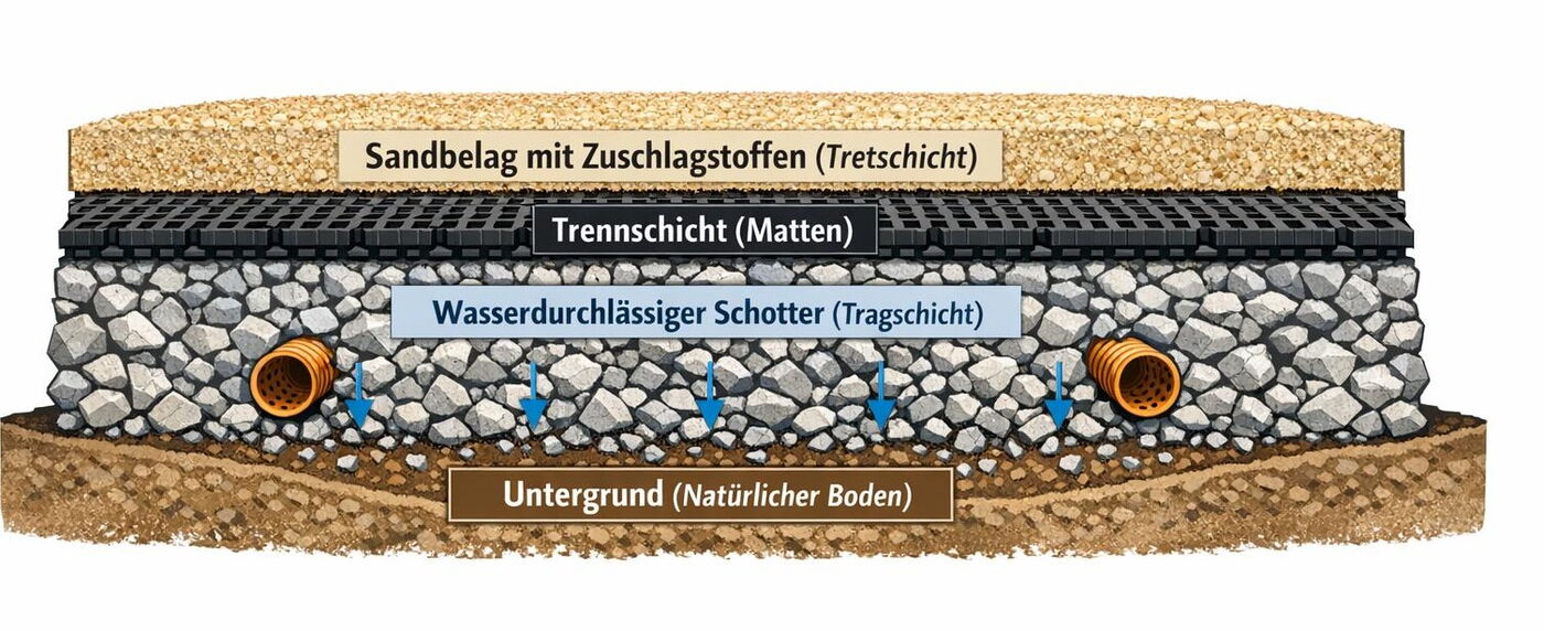 Reitplatz Aufbau Querschnitt wasserdurchlässiger Schotter Tragschicht Drainage Trennschicht Matten Sandbelag Zuschlagstoffe Tretschicht