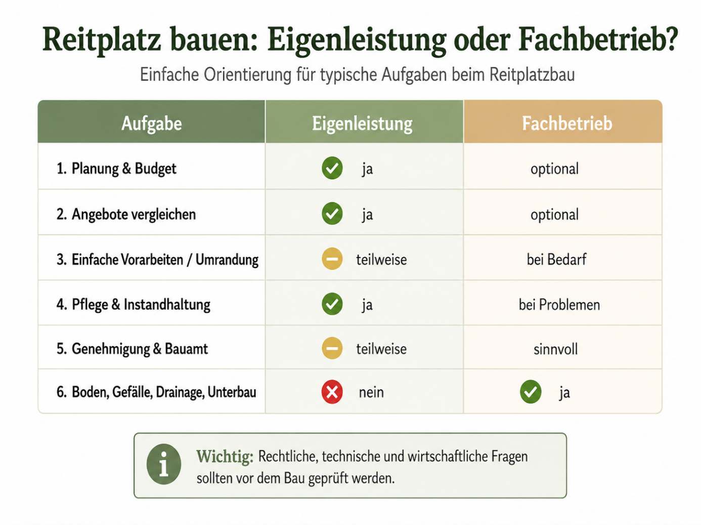 Infografik Reitplatz bauen - Eigenleistung oder Fachbetrieb
